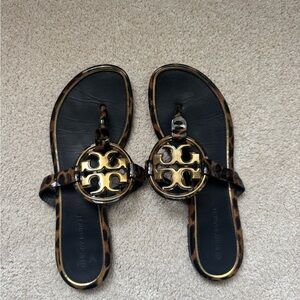 Tory Burch Black and Gold Leopard Sandals
